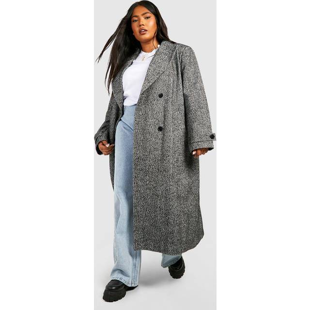 Womens Plus Herringbone Double Breasted Wool Coat - Grey - 16, Grey
