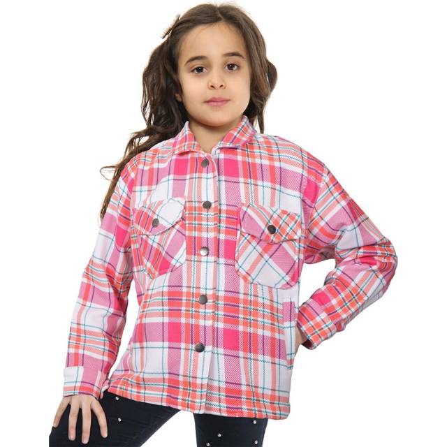 (7-8 Years, Pink Check) Kids Girls Checks Print Longline Fleece Jackets