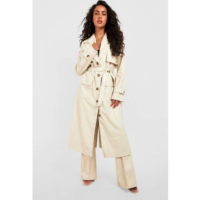 Womens Faux Leather Trench Coat - Cream - 14