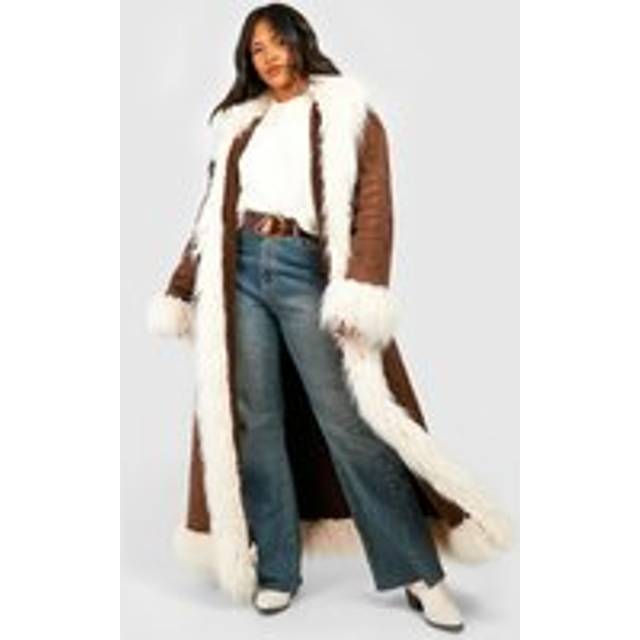 Womens Plus Faux Fur Trim Suedette Coat - Brown - 22, Brown