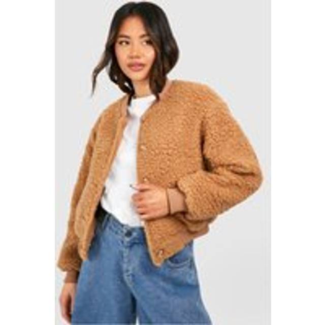 Womens Teddy Faux Fur Bomber Jacket - Beige - 14, Beige