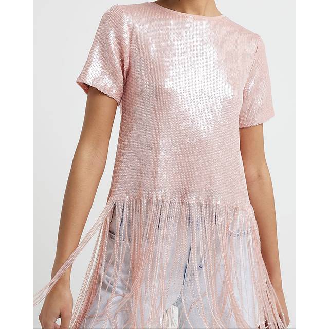 River Island Womens Pink Sequin Fringe Detail T-Shirt - 14
