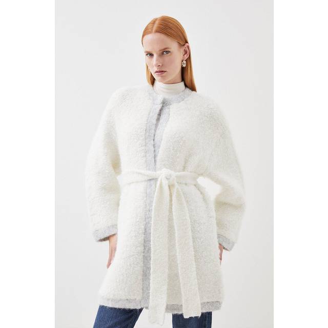 Premium Loopy Textured Belted Knit Jacket - Ivory