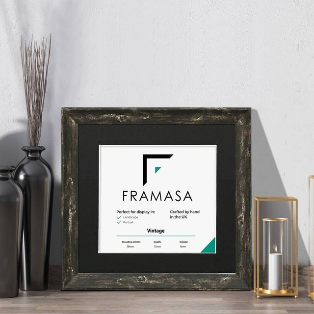 (Black Frame Black Mount, 6x6 Pic (8x8 Frame)) Vintage Distressed Black Photo Frames Shabby Wood Effect Picture Frames With Multicolored Mounts