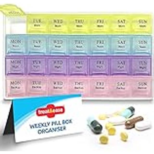 Veckovis pillerbox tabletthållare 7 dagar pillerlåda organisatör | stora pillerlådor 7 dagar 4 gånger om dagen | tablettlåda pillerarrangör 7 dagar 4 gånger | daglig pillerlåda organiserare 7 dagars dosering medicin förvaringslåda