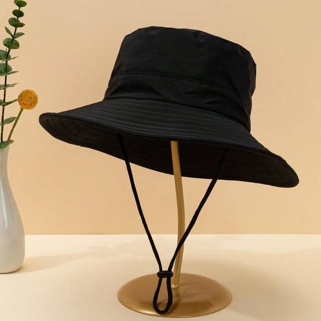 SHEIN 1pc Unisex Kids&#39; Black Waterproof Outdoor Function Bucket Hat With Windproof Strap, Suitable For Outdoor Activities And Sun Protection, Great Gift For
