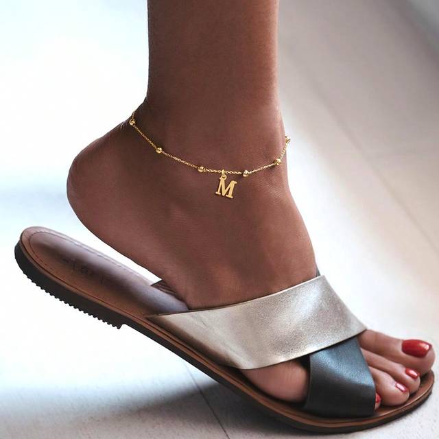 SHEIN 1 Pc Hot Fashion Initial Stainless Steel Bead Chain Anklet For Women