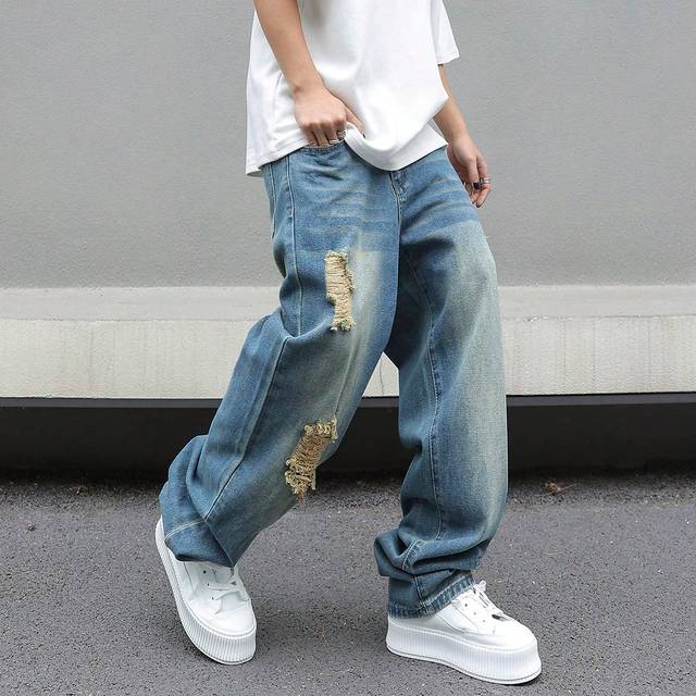 SHEIN Men&#39;s Straight Leg Ripped Casual Jeans Oversize Long Frayed Jean Cargo Plain Dark Blue Party Street Wear Rapper