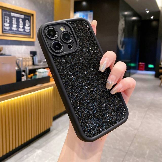 SHEIN Apple Resin Rhinestone Decorated Pu Leather Black Phone Case