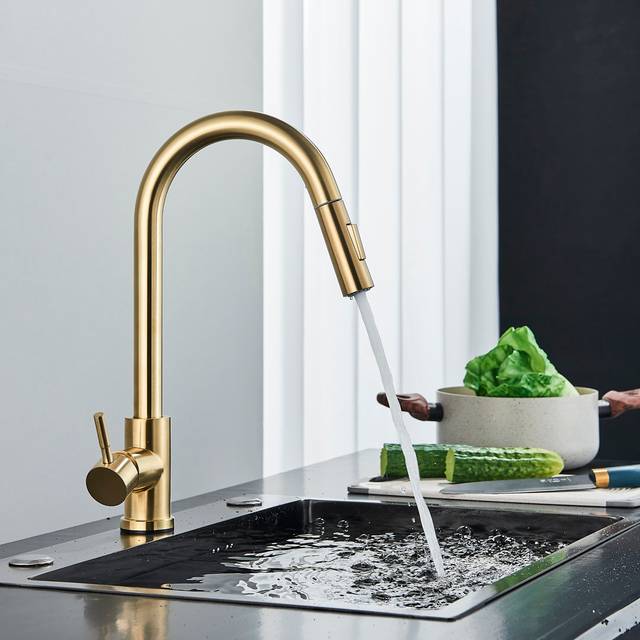 Brushed Gold Touch Sensor Kitchen Sink Faucet Pull Out Sprayer Swivel Mixer Tap