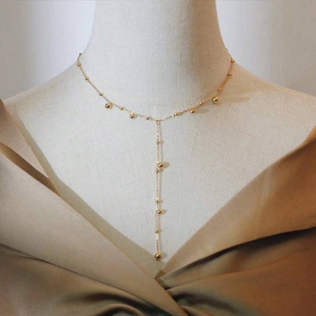 SHEIN 1pc Stainless Steel 18k Gold Plated Long Tassel Beaded Chain Necklace, Elegant Women&#39;s Necklace