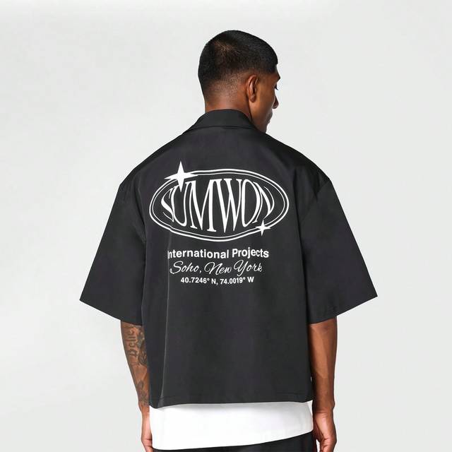 SUMWON Boxy Fit Shirt With Badge Pocket And Back Graphic Print