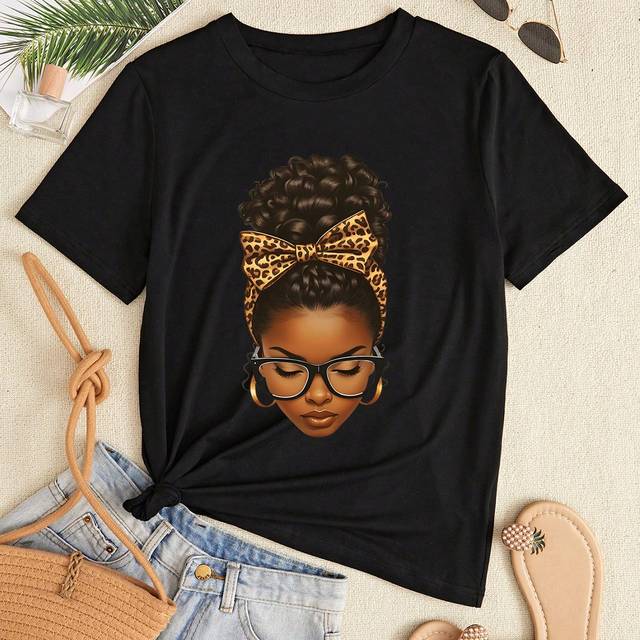 Casual kortärmad t-shirt för kvinnor med karaktärstryck, lämplig för sommaren Grafiska t-shirts med gepardtryck för damer - Svart (L,M,S,XL,XXL)