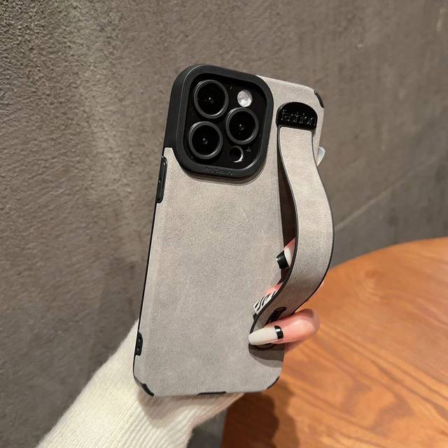 Enfärgat fårskinnsfodral med handledsrem till mobilen, lämpligt för Apple - Grå (Multi-size)