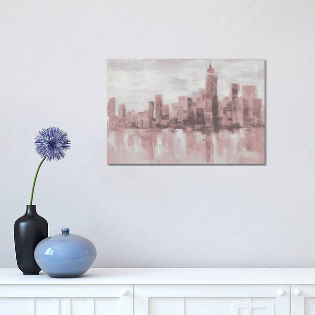 Misty Day In Manhattan Pink Gray by Silvia Vassileva - Wrapped Canvas Painting Print (30.48 cm H x 45.72 cm W)