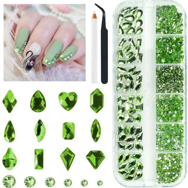 qiipii 1802Pcs Light Green Nail Rhinestones Grass Green Nail Charms Multi Shapes Crystal Flatback Rhinestones Gems Round Beads Glass Stones Diamonds J