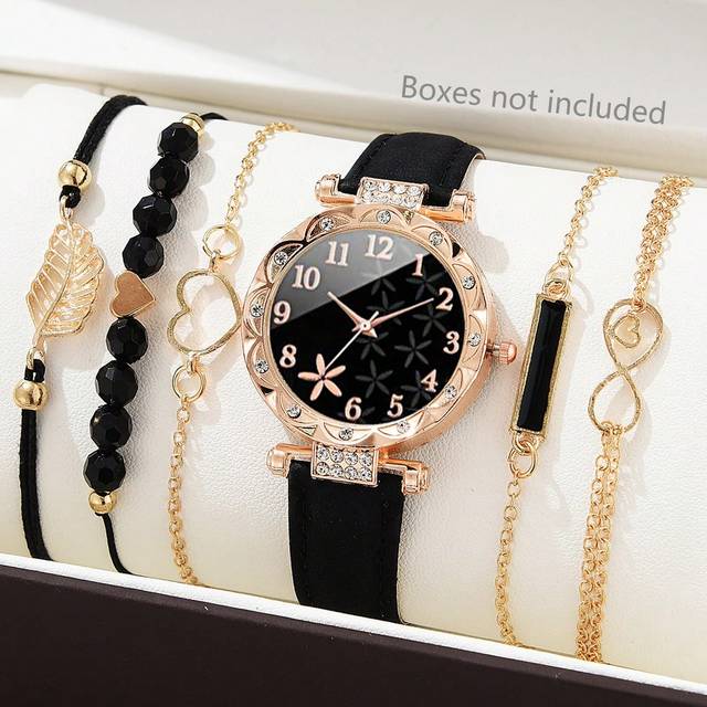 SHEIN 6pcs/Set Ladies Watch Fashionable Ladies&#39; Pu Leather Strap Quartz Watch With Matching Bracelets Kit