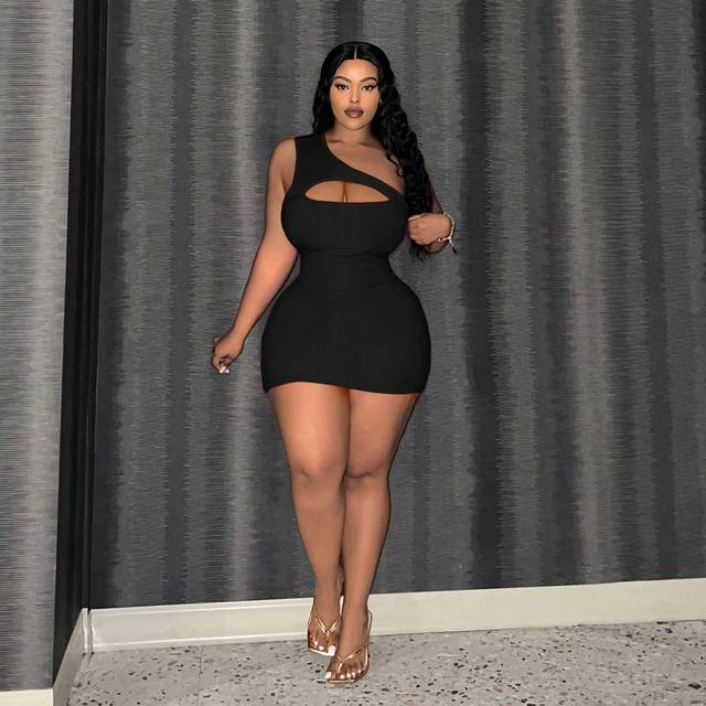 Slaydiva Plus Size Solid Color Tight Hollow Out Asymmetric Neckline Mini Dress