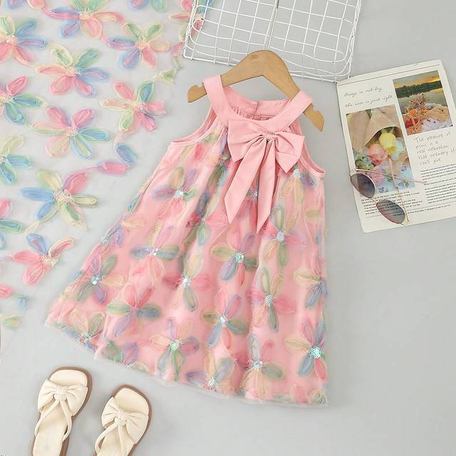 SHEIN Young Girl Gorgeous Halter Neck Sleeveless Dress With Flower Pattern Tulle Overlay And Bowknot Details For Summer