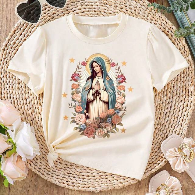 SHEIN Tween Girl Virgin Mary & Flower Printed Short Sleeve T-Shirt