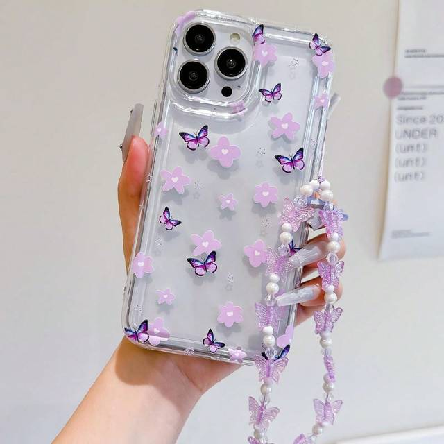 Fairycore Ins Style Purple Flower & Butterfly Airbag Anti-Fall telefonfodral med fjärilsrem Kompatibel med Apple Iphone 14pro Max/13/15/12/12pro/11/Xs - Genomskinlig (Multi-size)