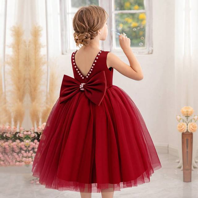 Young Girl Pearl Decor Bow Back Deep V-klänning, lämplig för alla hjärtans dag-fest, prinsessklänning för flickfödelsedag, fest, alla hjärtans present - Bourgogne (6Y,7Y,8Y,9Y,4Y,5Y)