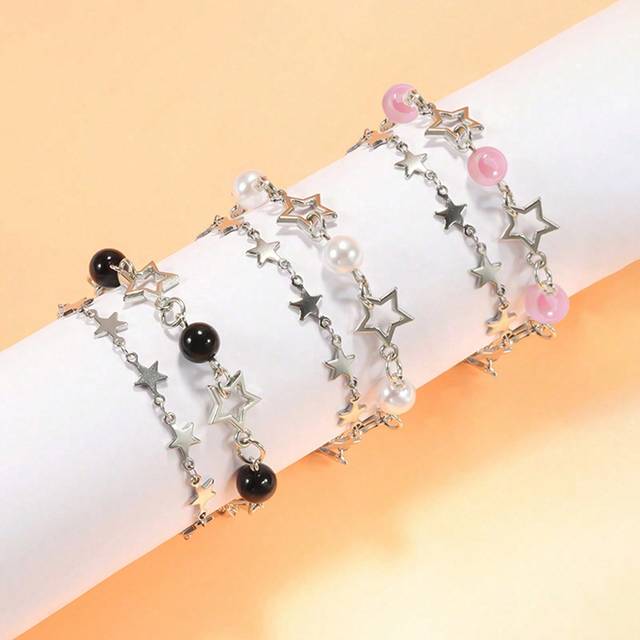 SHEIN 6pcs/Set Y2k Celebrity Couple Bracelets, Faux Pearl&Star Friendship Bracelets, Perfect Gift For Festival