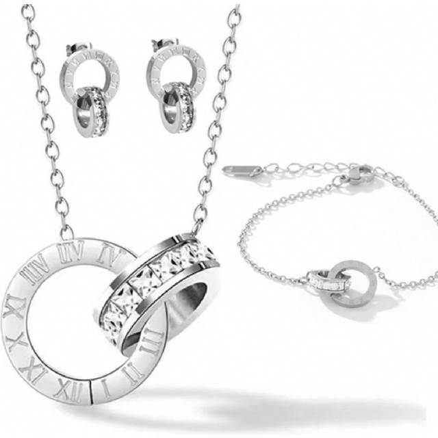 4 st/set Mode titanstål romerskt halsband i koreansk stil, örhängen, armband med dekorativa stenar, lyxig alla hjärtans dag present rostfritt stål smy - Silver (En-Storlek)