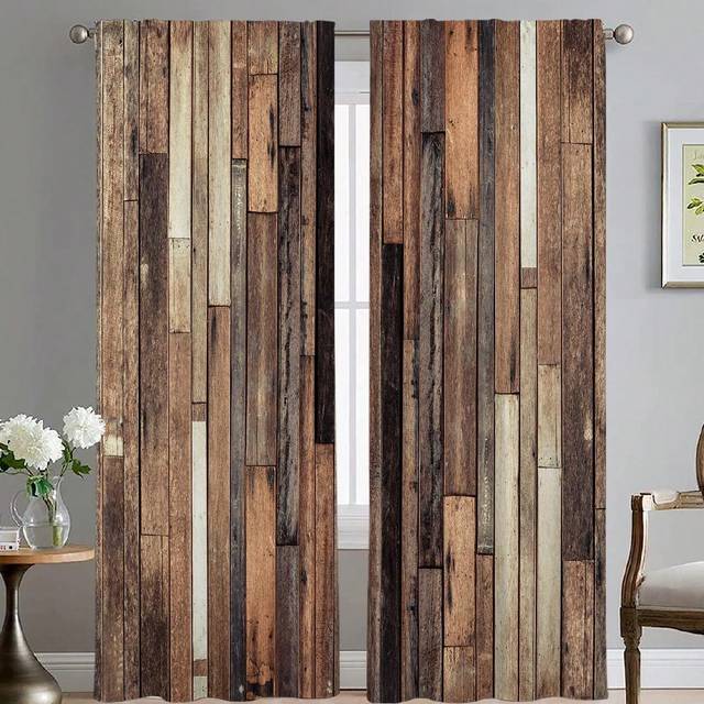 SHEIN 2pcs Vintage Wooden Planks Printed Window Curtain,Without Holes Curtain, Refer To Bedroom Office Kitchen Living Room Study Home Decor