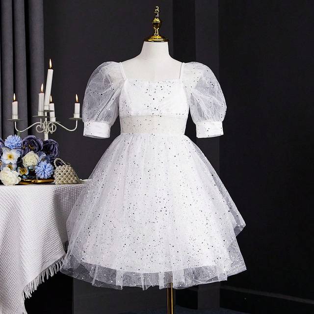 Tween Girls Lyxiga paljetter Layered Mesh Ruffel Puffärm Blomstertjejklänning, Bröllopsfestevenemang, Födelsedagsceremoniklänning - Vitt (8Y,9Y,10Y,11Y,12Y)