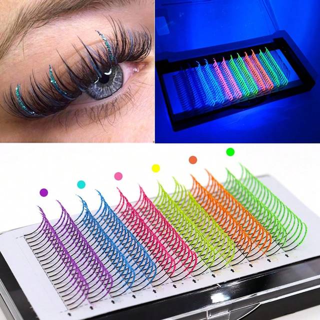 UV Skimrande Glitter Lösögonfransar , Självlysande , Mixad färg Individuell Ögonfransförlängning , D Curl ,