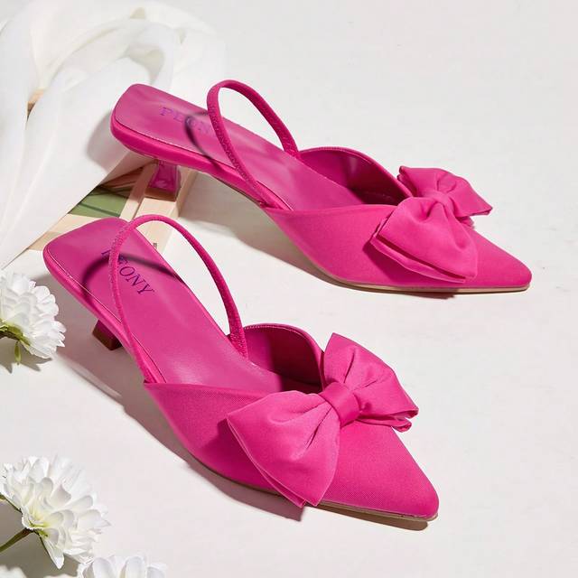 SHEIN Women&#39;s Stylish Bow Decor Comfort Pointed Toe Non-Slip High Heel Shoes (Asymmetrical Cut Vamp) Valentines