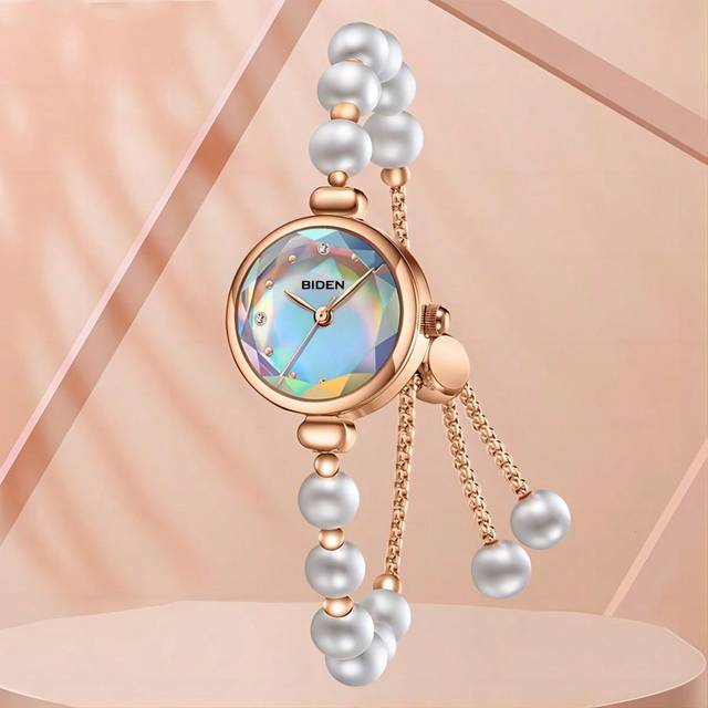 BIDEN 1pc Women&#39;s Fashion Watch, Colored Dial, Waterproof, Faux Pearl Quartz Bracelet Clock,The Perfect Gift For Women&#39;s Watches