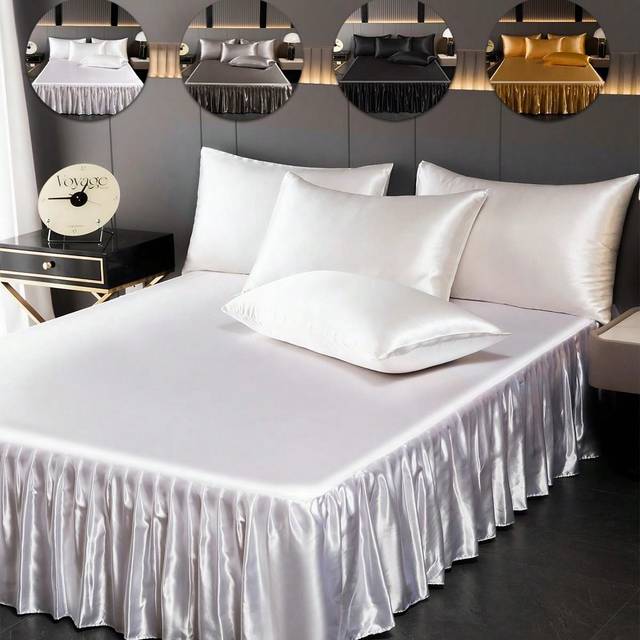 SHEIN 1pc Satin Bed Skirt, Bedding, Solid Color Skin-Friendly Breathable Bed Skirt, Luxurious Soft Ruffled Silk Bedskirt Without Pillowcase, Wrap Around Dus