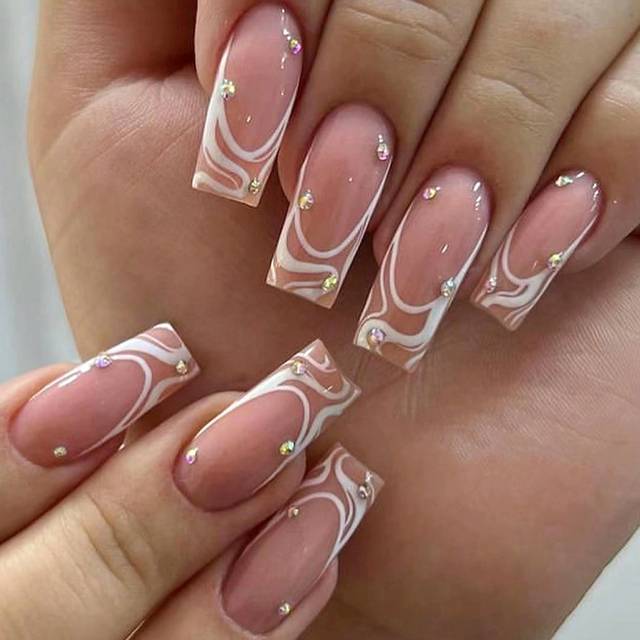 24st/set Faux nagelspetsar med vita ränder, strass, naturlig längd fyrkantig balettformad press på naglar, visa din charm + gelélim + nagelfil nagelti - Vitt