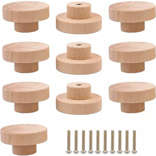 SHEIN 2/4/6pcs Round Wooden Cabinet Knobs Unfinished Wood Cupboard, Wardrobe, Dresser, Closet, Furniture Drawer Pulls Handles With Screws