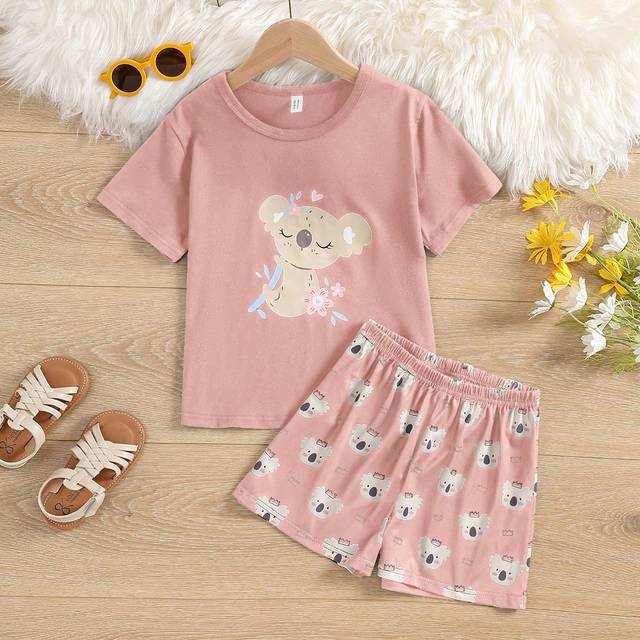 Tween Girl Beige-Rosa Koala tryckt kortärmad T-shirt och shorts Set för vardags- och hemkläder - Dammrosa (8Y,9Y,10Y,11-12Y)