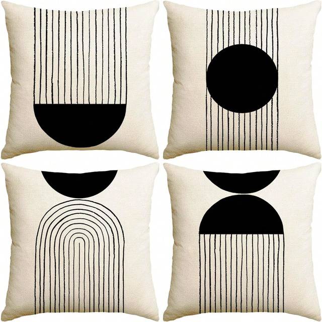 SHEIN 4pcs Linen Abstract Lines Decorative Cushion Covers For Farmhouse Home Decor, Pillow Cases For Bedroom And Living Room Sofa (Pillow Core Not Included)