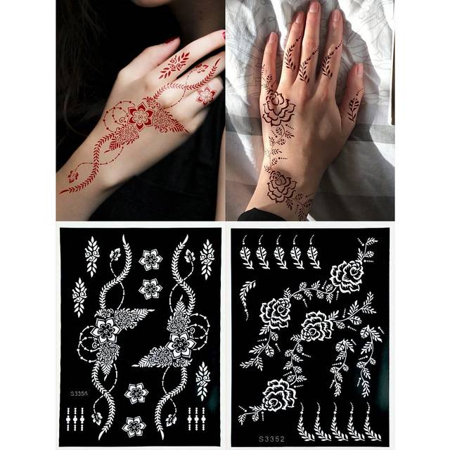 Tiebeauty 2 Sheets Flora Pattern Henna Stencil Stickers Hollow Tattoo Sticker Tencil Sticker For Hand For Women Gilr Body Painting