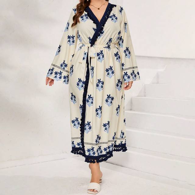 Mulvari Plus Size Printed Patchwork Fringe Trim Woven Belt Dress
