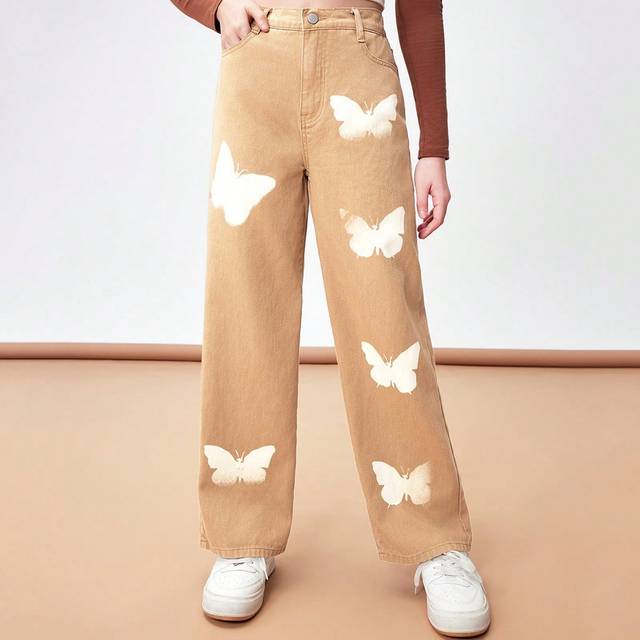 SHEIN Teen Girls&#39; Butterfly Pattern Casual Straight Leg Jeans