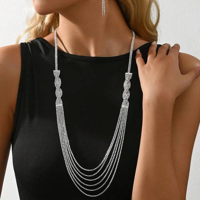 SHEIN 3pcs/Set Luxurious & Fashionable Wedding Season Multi-Layered Asymmetrical Rhinestone Long Necklace & Earrings Jewelry Set, Party, Gift, Banquet, Wedd