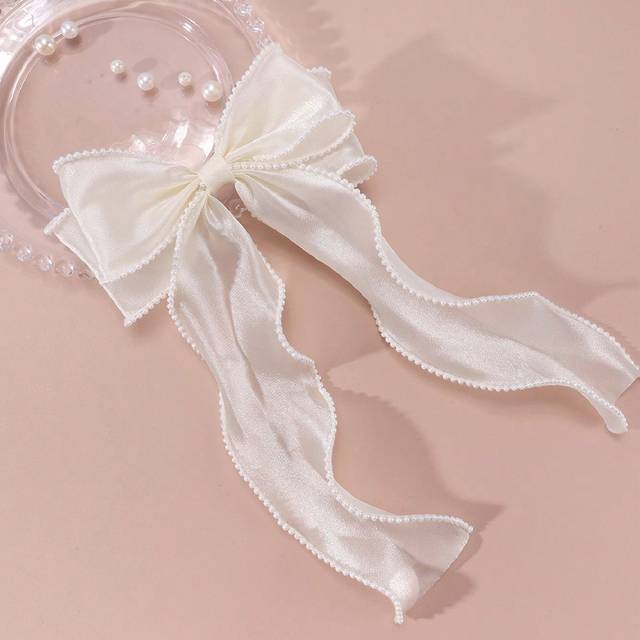 SHEIN 1pc Beige Lace Hair Bows Clips For Girls,Pearl Decor Elegant Bowknot Hair Clips Barrettes,Girls Holiday Wedding Party Alligator Clips,Kids Hair Access