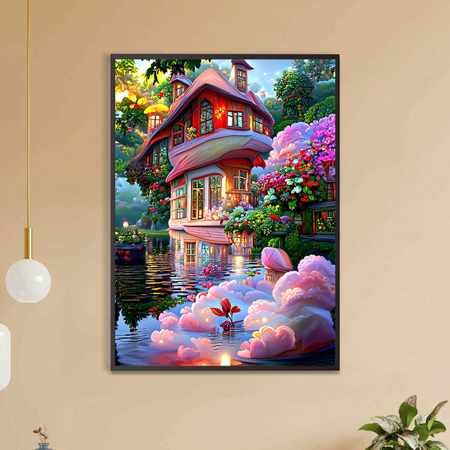 SHEIN 1pc DIY Cartoon Style 5D Diamond Painting Beautiful Castle Mosaic Full Round Diamond Embroidery Cartoon Cross Stitch Needlework Holiday Home Decoratio
