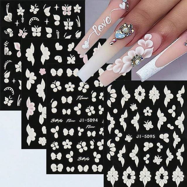 SHEIN Valentines Embossed 5D Acrylic White Floral Nail Stickers Elegant Flowers Petals Butterfly Rose Sliders For Nails Manicure Decor 4pcs