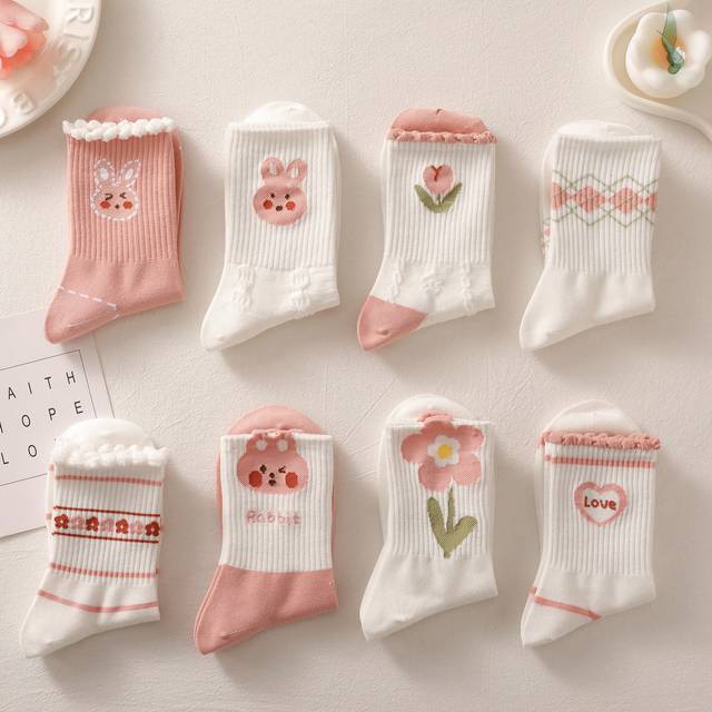 SHEIN 8pairs/Set Women&#39;s Pink Lace Cartoon Rabbit Design Mid-Calf Socks, Cute & Versatile, Ideal For Daily Wear