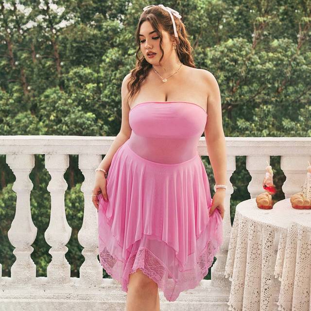 Dreamara Plus Size Mesh Fabric Asymmetrical Lace Hem Strapless Dress Music Festival  Pink Women Dresses Pink Women Dresses Summer Spring Outfits Junior Dresses