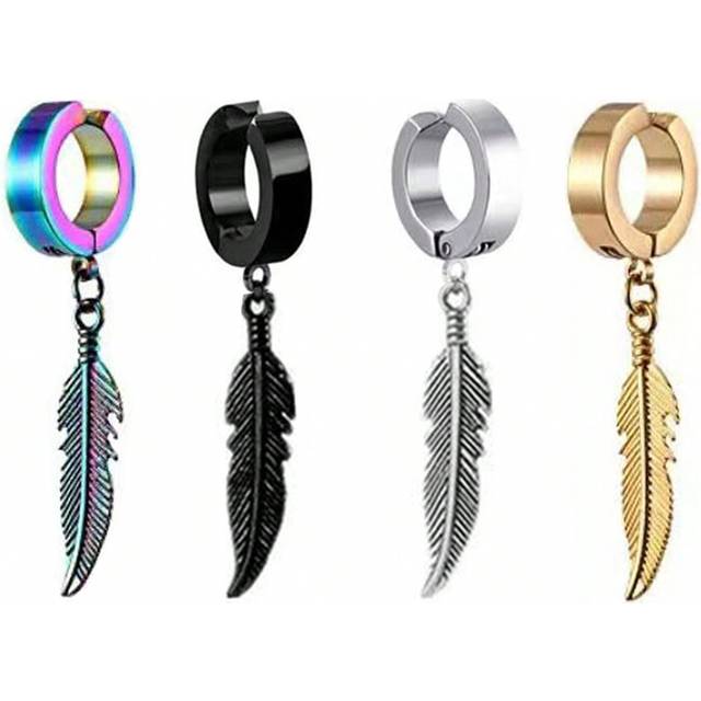 SHEIN 4 Pieces Of Men&#39;s Ear Clip Earrings, Fake Men&#39;s Leaf Pendant Earrings, Black, Silver, Gold, Yellow, Seven Color Earrings, Men&#39;s And Women&#39;s Fake Perfo