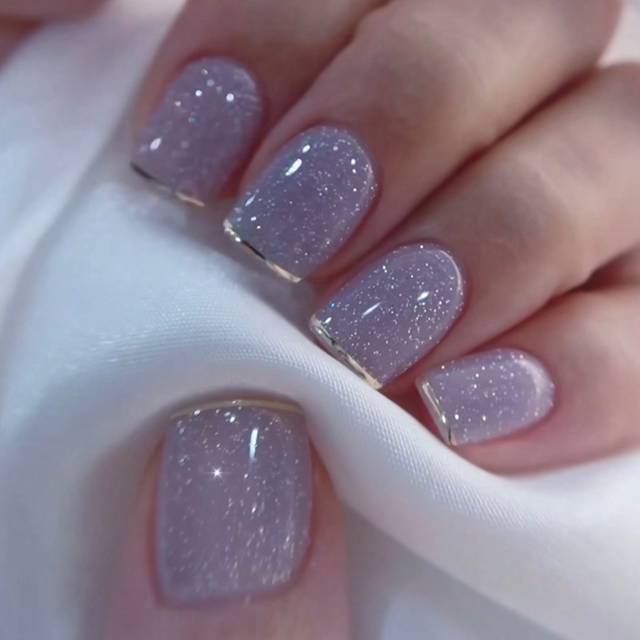 SHEIN Minimalism Purple French Temptation Style, Fresh, Fashionable, Elegant, Sparkling Pink Solid Color 24Pcs Short Square-Shaped False Nails Set For Offic