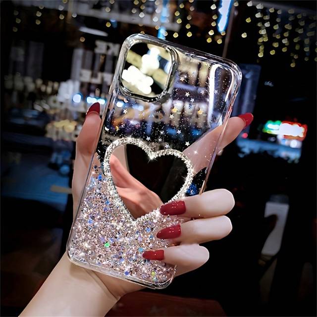 Lyx Glitter Rhinestone Glittrande 3D Heart Mirror Mjukt telefonfodral Kompatibel med Iphone 11 15 16 Pro Max 16E 12 14 Pro 13 XS XR 7 8 Plus S24 Ultra - Genomskinlig (Multi-size)
